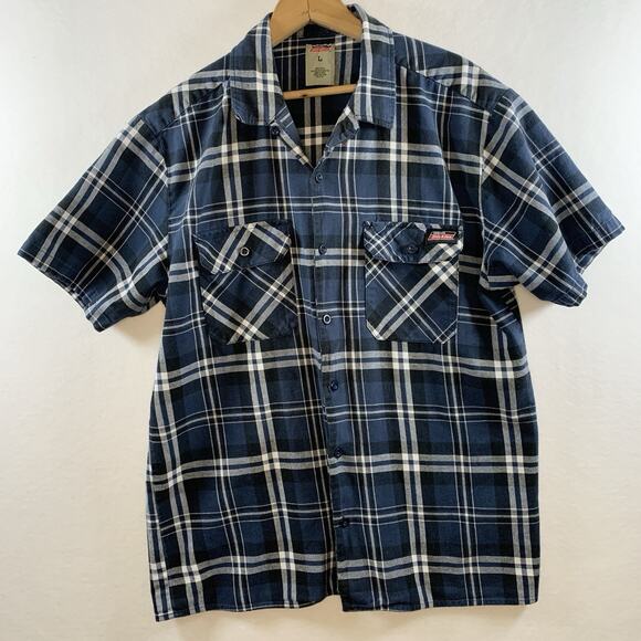 Dickies Mens Tartan Plaid Button Shirt Sz L Blue Workwear Street Skate Grunge - Picture 1 of 9